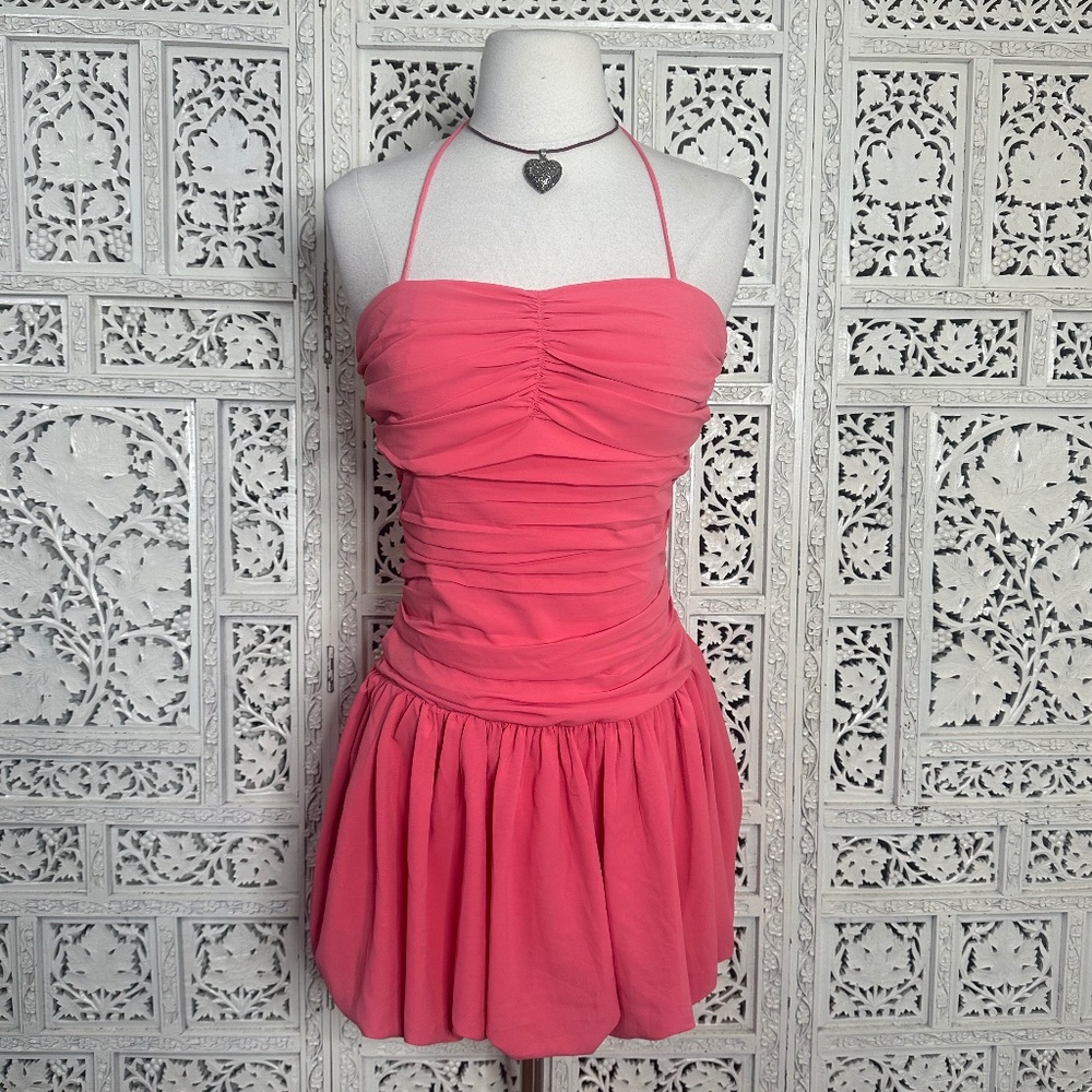 Lucy Paris Coral Pink Ruched Bubble Hem Halter‎ Mini Dress Sz XS